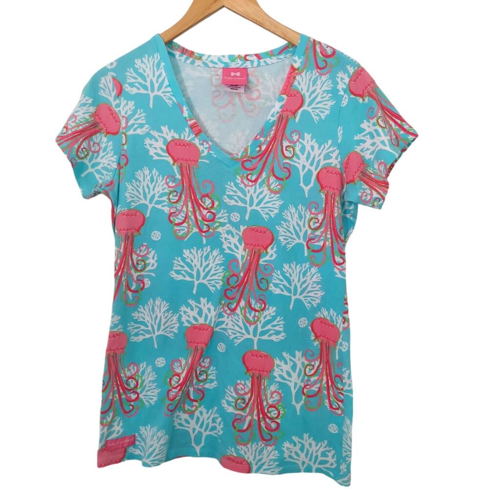 Simply Southern Shirt Womens Medium Jellyfish Print V Neck Cotton Short Sleeve
